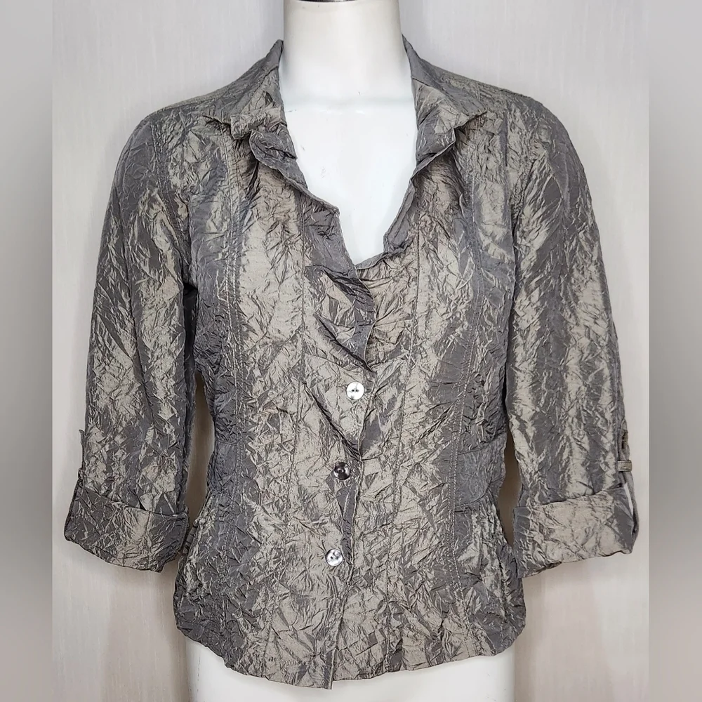 Chicos Jacket Size 0 Crinkled Sheen Jolena 3/4 Sleeve Open Front Egyptian Sand - Picture 1 of 8